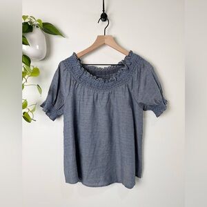 Mine Off Shoulder Blouse Large Blue Chambray Swiss Dot Smocked Peasant Top Boho